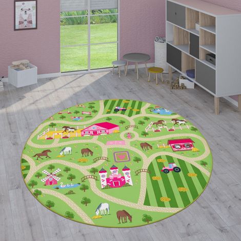 Paco Home Kinder-Teppiche, Kurzflor-Teppiche für Kinderzimmer mit vers. Designs Spielteppiche Bunt Grün, 200 cm Rund