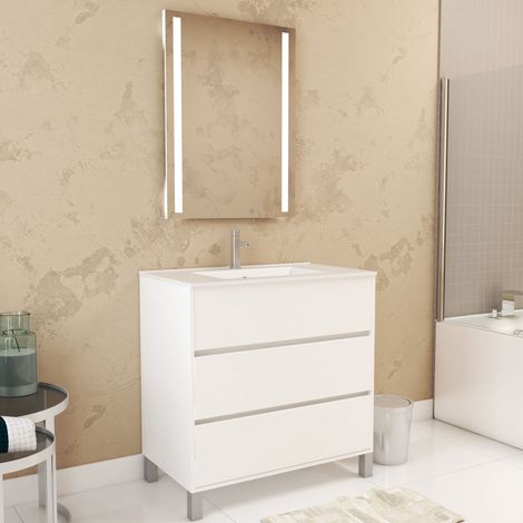 Set Mobile Bagno 80 cm Laccato Bianco 3 Cassetti, Lavabo, Specchio 60x80 con luce Led integrata - XENOS (1/5)