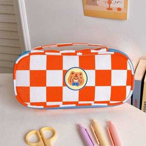 Trousse à crayons mignonne grande capacité ouverture large multi-couche rangement classifié boîte à fournitures scolaires étui à crayons orange blanc motif tigre (1/5)