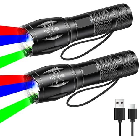 Lot de 2 Lampe de Poche Rechargeable 4 en 1, 4 Fonctions Lumière (Blanc/Rouge/Vert/Bleu), Mise au Point Réglable, Étanche, Lampe Tactique pour Randonnée, Chasse et Militaire (1/5)