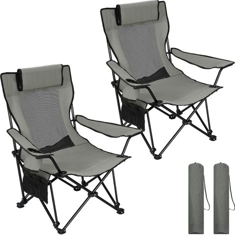 WOLTU Juego de 2 sillas plegables de pesca con reposacabezas plegable y respaldo ajustable. Silla plegable portátil con portavasos y reposapiés para camping, pesca y playa, color gris