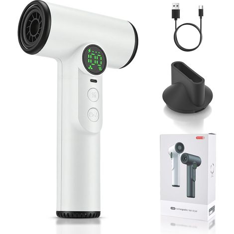 Sèche-cheveux sans fil 200 W avec batteries, 3 vitesses et 3 températures, batterie 15600 mAh, sèche-cheveux de voyage sans fil avec écran numérique, pour voyage, camping, dortoirs (blanc) (1/5)