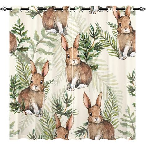 Rideaux Lapins - Motif Forêt Aquarelle Feuilles avec Œillets, Isolation Thermique & Obscurcissement pour Chambre de Bébé (Garçons/Filles) - 2 Panneaux L117 x H137cm - 117L X 137H cm (2 Panneaux) (1/5)