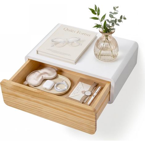 White Hanging Bedside Table with Wooden Drawer Wall Mounted Bedside Table (1/5)
