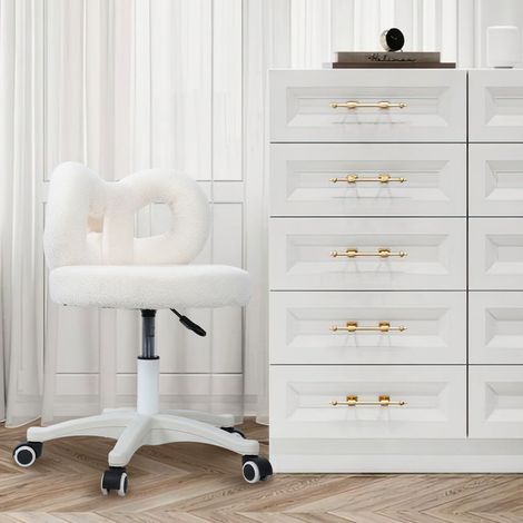 WILITTO Chaise de Bureau et Coiffure Blanc avec Dossier en Nœud - Hauteur Réglable, Tissu Pelucheux, Roues 360°,Idéale pour Chambre et Bureau (1/5)