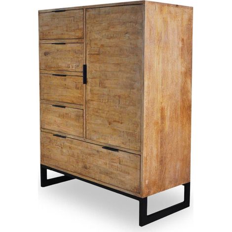 Paris Prix – Buffet 5 tiroirs et 1 porte chêne clair – Dimensions L. 112 x l. 40 x H. 112 cm – Design élégant et facile d'entretien (1/3)