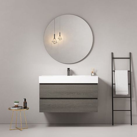 Mobile bagno sospeso 100 cm Grey Lavabo in Resina Specchio Tondo - Fiji Wood
