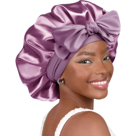 Bonnet de nuit en soie pour femme, bonnet en satin double épaisseur doublé de satin avec lien, pour cheveux bouclés (1/5)