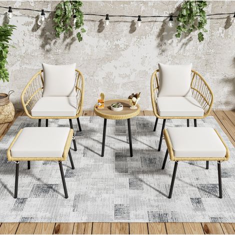 Salón de jardín de 5 piezas en ratán blanco y natural, diseño moderno para terraza FLORAGRACE (1/5)
