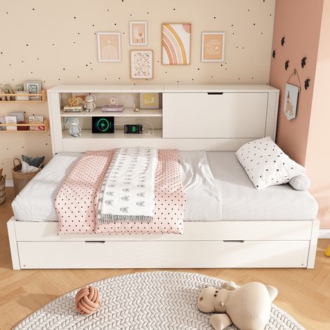 lit adulte couchage rangement 90x200 bois blanc OKMYHOME (1/5)