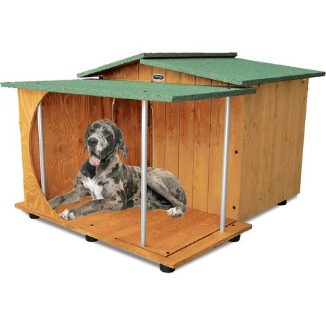 Cuccia in Legno per Cani da Esterno mod. Oasi con Veranda Coperta MADE IN ITALY E - Alano 121x133xH87 Tendina OMAGGIO
