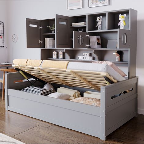 Cama sofá multifunción 205x94.5x165.8 cm, con gran almacenaje, hidráulica, madera, gris (1/5)