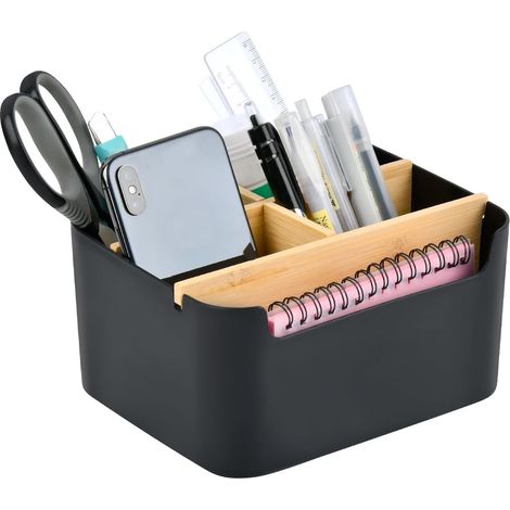Organizer da scrivania in legno con 5 scomparti, portapenne e portatelecomando rimovibile, nero