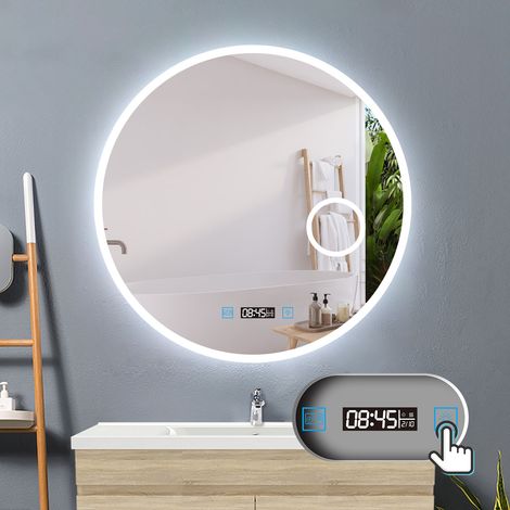 LED Rund Spiegel Badspiegel mit Beleuchtung Badspiegel Badezimmerspiegel Touch 80cm Uhr+3x Vergrerung Schminkspiegel+Beschlagfrei+3 Lichtfarben Dimmbar+LED Memory Funktion (1/5)