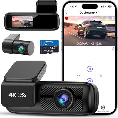 Car Dashcam Front Rear Camera 4K+1080P 5GHz Wi-Fi with App Control, 64GB SD Card, Night Vision, 24H Parking, G-Sensor, 170° Wide Angle, WDR, Easy Installation (1/5)