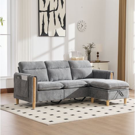 Divano angolare a 3 posti in ciniglia grigio chiaro con pouf contenitore OKWISH (1/5)