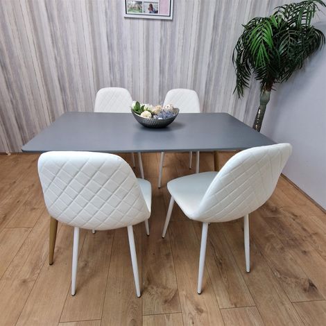 Dining Table Set of 4 Wooden Grey Table with 4 White Gem Patterend Chairs (1/5)