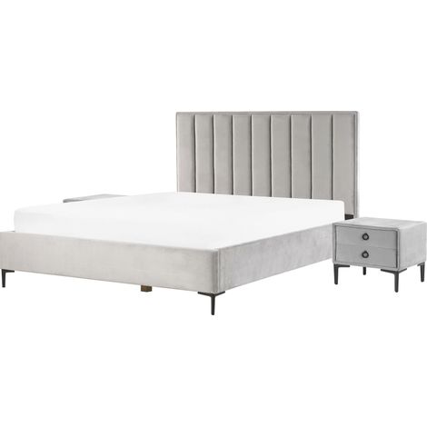 Conjunto de dormitorio tapizado en terciopelo gris cama con almacenaje 180 x 200 cm con 2 mesitas de noche tapizadas Sezanne (1/5)