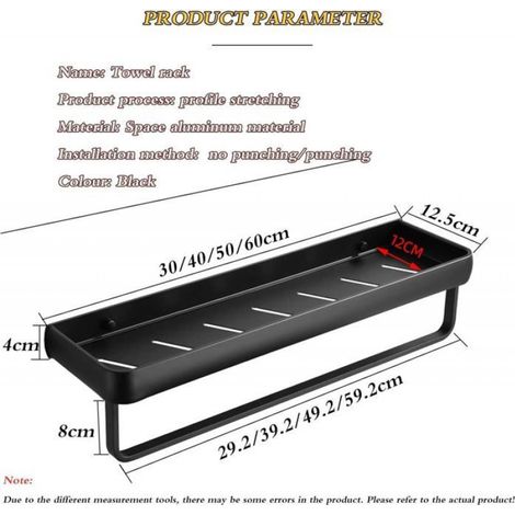 Porte-Serviettes,étagère carrée Salle Tablette avec Towel et Mur montées sur Rail,en Alliage d'aluminium Solide Fini Noir Mat,60cm (1/4)