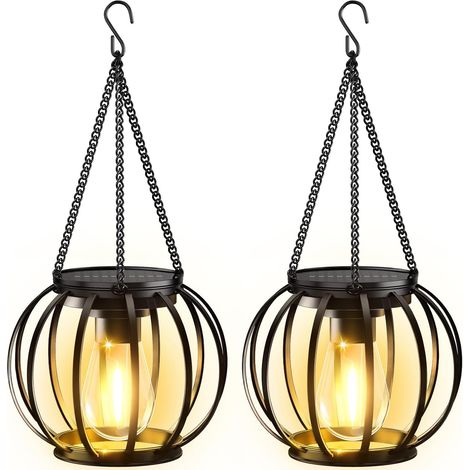Waterproof Outdoor Solar Lanterns, Metal Hanging Solar Lights, Brighter Outdoor Lanterns, Auto On/Off Hanging Lantern for Yard Patio Garden Decor, 2-Pack (1/5)
