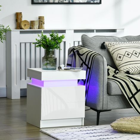 Nachttisch, RGB-LED-Beleuchtung, Hochglanzfront mit 2 Schubladen für Wohnzimmer und Schlafzimmer, weiß