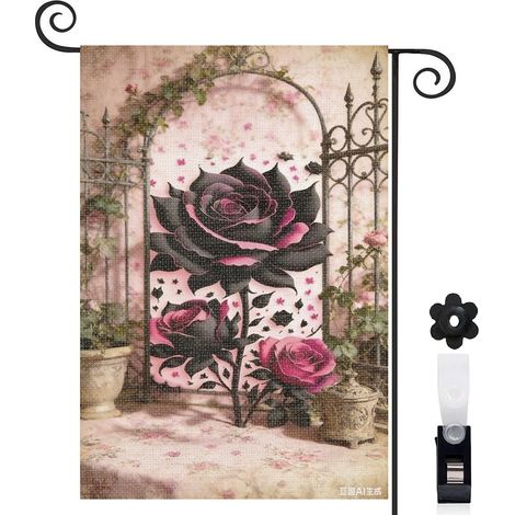 Drapeau de jardin pot de fleurs et rose noire 30 x 45 cm décoration porche et entrée (1/5)