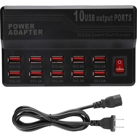 Chargeur USB intelligent 10 ports 12A station de charge rapide hub multiprise bloc secteur 100-240V prise américaine (1/5)