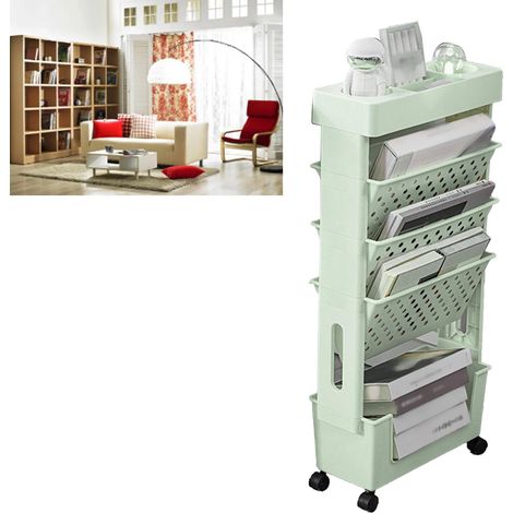 Étagère sur pied, à roulettes et mobile présentoir de rangement pour manuels scolaires de bureau étagère à livres à plusieurs niveaux de grande capacité pour salle d'étude verte. (1/3)