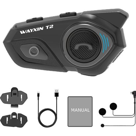 Système intercom pour casque moto WAYXIN, communication bidirectionnelle, portée de 30 m, oreillette Bluetooth, réduction du bruit, étanchéité IP67, microphone avec bouton SEE – Noir
