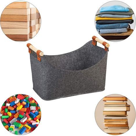 Firewood basket, storage basket, firewood bag with reinforced wooden handle, felt basket, 40x27x22 cm (1/5)