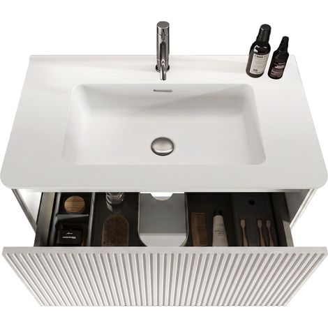 Mueble de baño suspendido con lavabo mineral 81 cm blanco acanalado premontado HOMVRA (1/5)