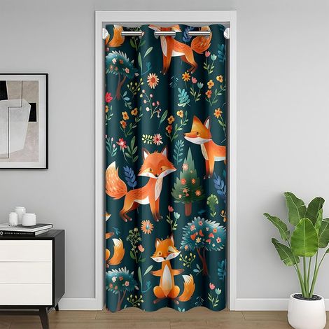 Cute Fox Rideau de porte d'intimité - Motif : dessin animé sauvage vert jungle - Rideau de porte pour porte d'armoire - Motif : animaux Kawaii, pétales de fleurs, arbres - 1 panneau - 132 x - 203.00 x (1/5)