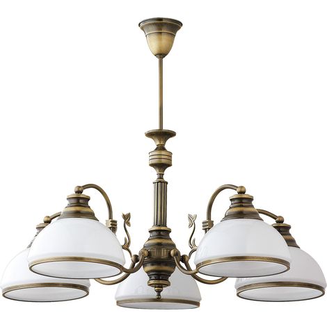 Lustre rétro laiton patiné 5xE27 globes blancs Zeus