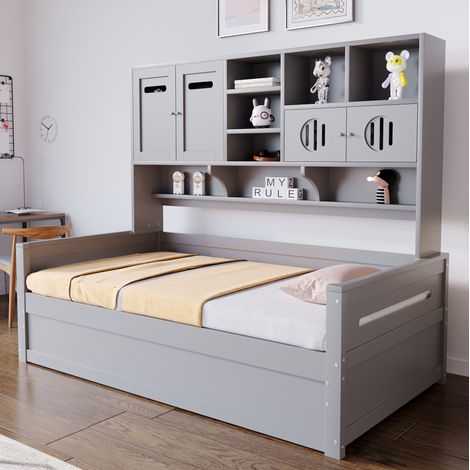Cama individual 90x200 cm de madera gris con almacenaje integrado, sin colchón – MEUBLIV (1/5)