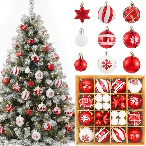 42 Pièces Boules de Noël Rouge et Blanc, 6CM/3CM Boule de Noel en Plastique, Boules de Noël pour Décorations, Suspension Noel Sapin pour Arbre De Noëls Intérieure ou Extérieure (1/5)