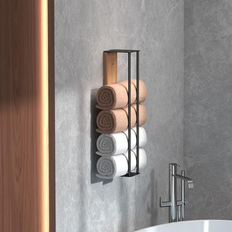 Porte-serviettes mural – Panneau en bois – Accessoire universel pour salle de bain/piscine – Acier au carbone – Noir (1/5)