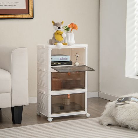 Boîte de Rangement de Chaussures Pliable 3 Niveaux Portes Transparentes Magnétiques Roues Universelles Verrouillables pour Baskets Jouets Blanc