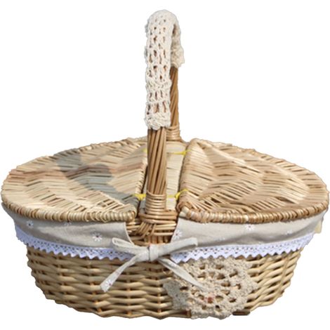 1 Panier en osier, double couvercle, anse robuste, doublure fleurie, pique-nique rangement(Troisième trimestre : septembre) (1/5)