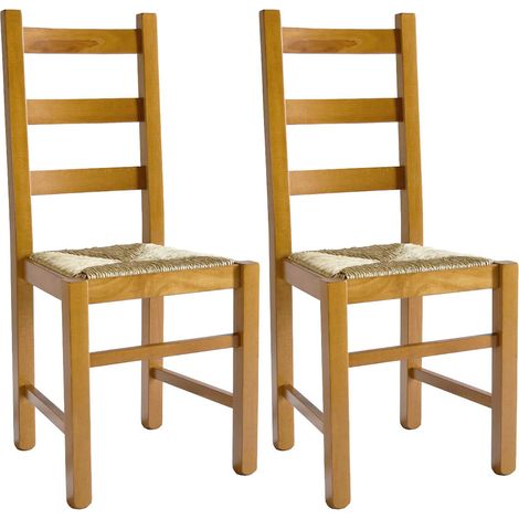 Altobuy – Lot de 2 chaises en hêtre massif teinté chêne – Assises en paille – Hauteur d'assise 47 cm – Dimensions 40x43xH97 cm (1/4)