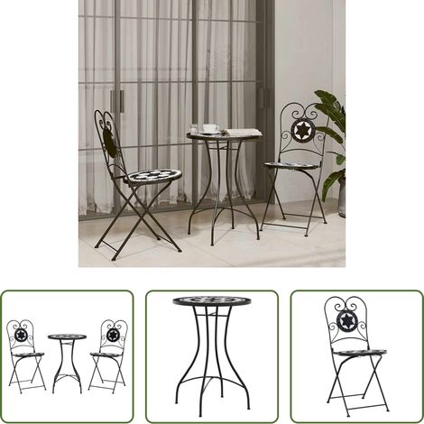 vidaXL Mosaïque - Ensemble de bistro mosaïque noir et blanc fer et céramique (1/5)