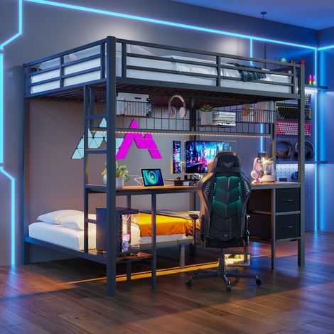 Lit mezzanine, 90x200 et 140x200, avec bande LED 7 couleurs et port USB, tiroirs, étagères pour objets, bureau, structure en fer, sans matelas, noir (1/5)