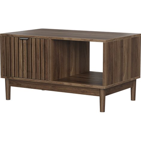 Mesa de centro de MDF color nogal de 80 cm con cajón y compartimentos abiertos, estilo Mid-Century (1/5)