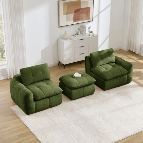 Sofá Modular de 2 Plazas sin Estructura, Asiento Ancho y Respaldo Bajo, en Chenilla, Verde, 194 x 160 x 68 cm (1/5)