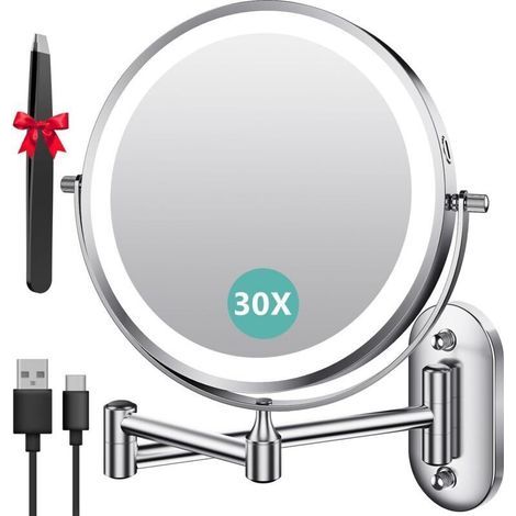 Inch Lighted Wall-Mounted Magnifying Mirror x30, Wall-Mounted Magnifying Mirror with 3 Color Modes, 1X/30X Magnification, USB Charging, Touch Screen, 360° Rotating and Extendable for Bathrooms (1/5)