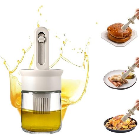 Bottiglia per salsa e olio con spazzola in silicone regolabile per barbecue e cucina - olio e spazzola separati, bianca (1/5)