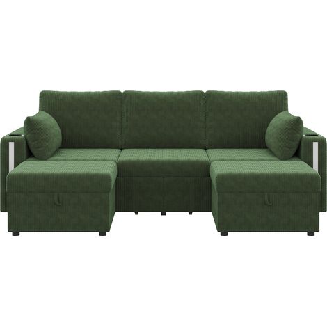 Modulares U/L-Sofa in grünem Cordvelours mit 2 Stauraum-Hockern, LED, USB-C (1/5)