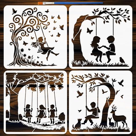4Pcs Pochoir Peinture Arbre Balançoire Avec Pinceau 30x30cm Arbre Fleur Herbe Humain Animal Pochoir Humain Se Balançant Sous Décoratif pour Peinture sur Bois Mur Tissu Papier (1/5)