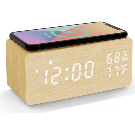 Réveil numérique en bois avec contrôle du son, chargement sans fil LED , affichage de la température et de l'humidité, luminosité réglable pour chambre et bureau (jaune) (1/5)
