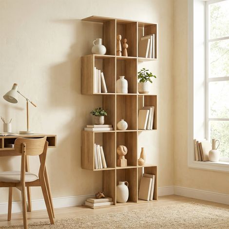 5-stufiges, S-förmiges Bücherregal für Wohnzimmer, Schlafzimmer, Arbeitszimmer, Büro, 80 x 24 x 200 cm, Eiche