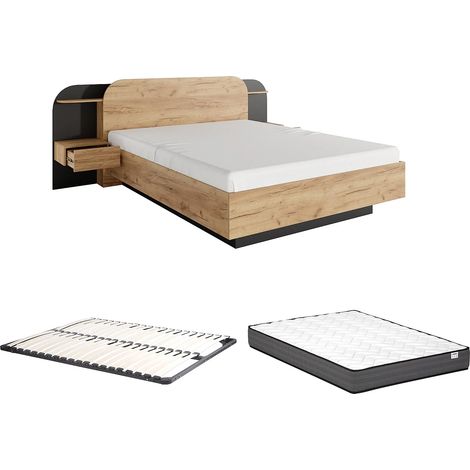Lit avec chevets 160 x 200 cm - Avec LEDs - Coloris : Naturel et noir + Sommier + Matelas - JUVISIA (1/5)